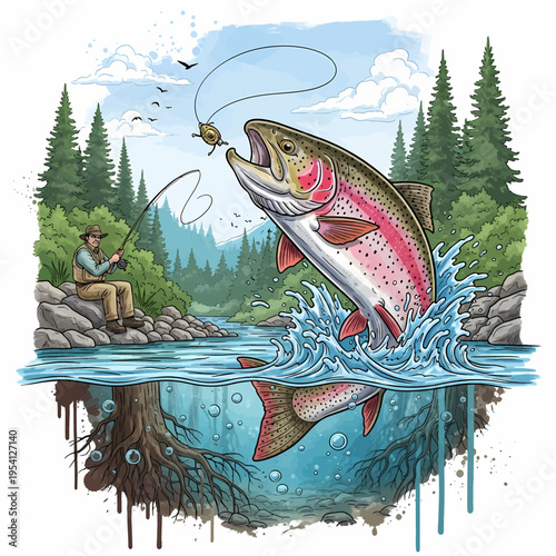 Rainbow trout jumping out of water to catch lure with fisherman on river bank in forest background