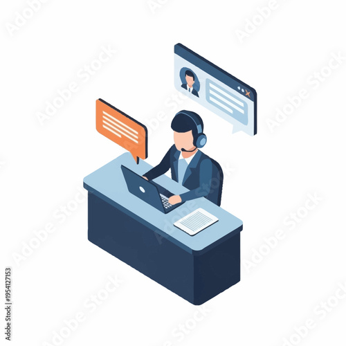 Isometric illustration of a customer service representative working at a desk with a laptop and headset.
