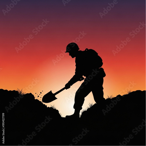 Silhouette of Man Digging with Shovel.