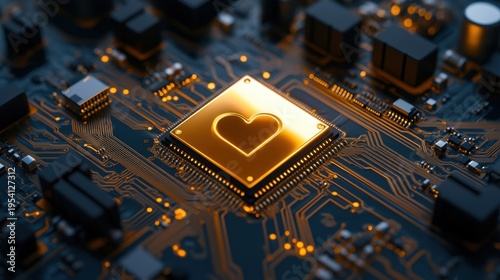 Exploring the beauty of technology with a heart-shaped microchip on a dark circuit board surrounded by intricate electronic components