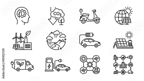 Eco-friendly technology and environment icons: brain, co2, electric scooter, solar panel, wind turbine, electric car, leaf truck, charging station, global sustainability