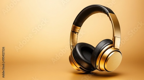 Stylish black and gold headphones resting on an elegantly lit surface with a soft golden background showcasing their modern design and craftsmanship