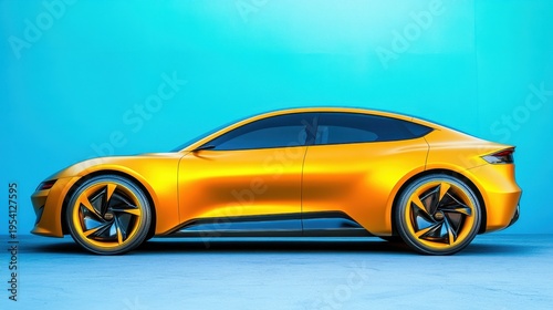 Sleek futuristic concept car in vibrant orange showcasing innovative design against a bold blue backdrop