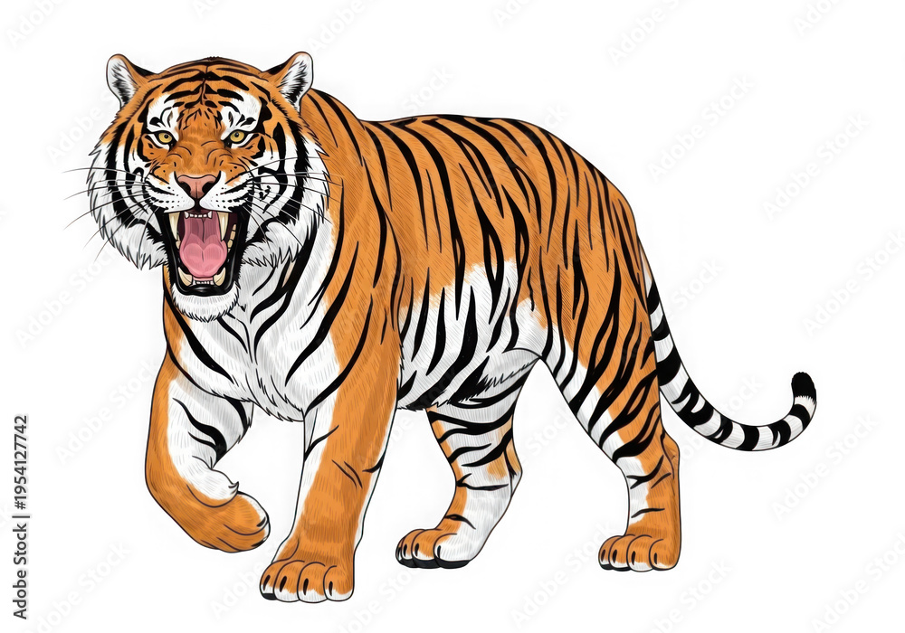 Obraz premium Majestic tiger walking gracefully in natural posture with vivid orange and black stripes