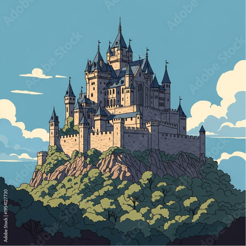 Pixelated Castle on Hilltop with Towers.