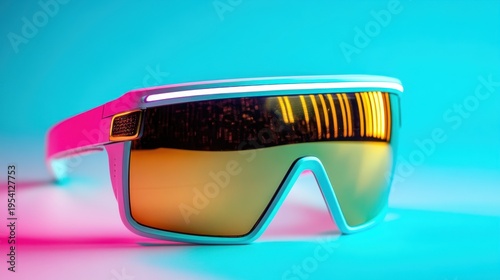 Stylish sports sunglasses with reflective lenses showcased against a vibrant blue and pink background in a modern setting
