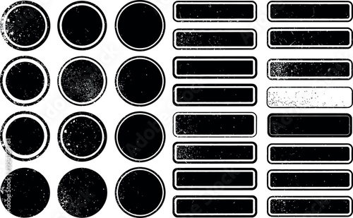 The image contains an assortment of black circular and rectangular labels with a weathered, grungy texture. These stamps feature distinct borders and distressed fill 