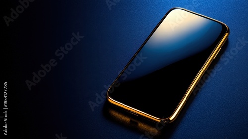 Modern smartphone resting on a dark surface reflecting soft light, showcasing its sleek design and polished features in a minimalist setting at night
