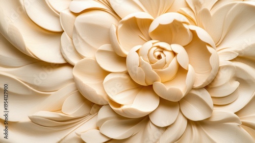 Delicate cream flower carving showcasing intricate petal designs, with a focus on texture and detail, perfect for decorative art enthusiasts and lovers of natural beauty