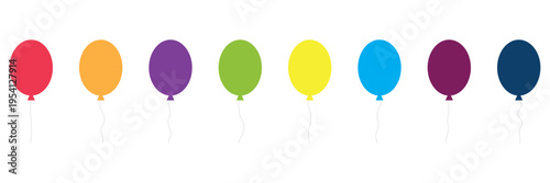 Balloon in cartoon style. Bunch of balloons for birthday and party. Flying ballon with rope. Blue, red, yellow and green ball isolated on white background. Flat icon for celebrate and carnival.