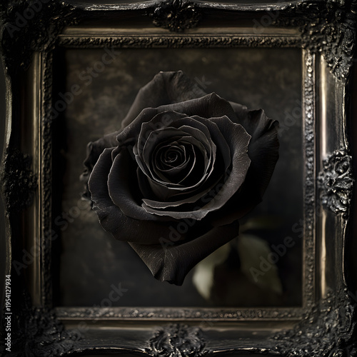 Elegant black rose illustration with golden highlights, set in a dark circular frame with a laurel wreath, perfect for vintage and sophisticated design projects, Generative AI
