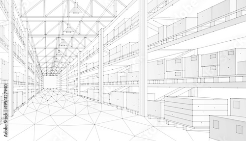 Warehouse interior line art with shelves. Storage facility, logistics layout, industrial architecture, distribution center, perspective sketch, warehouse plan concept. Vector illustration