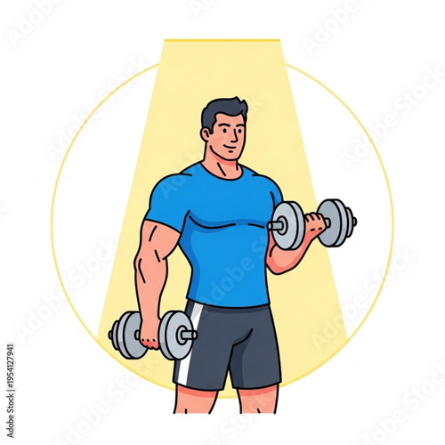 Man Lifting Dumbbells Exercising Muscles Fitness.