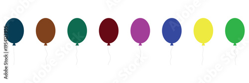 Balloon in cartoon style. Bunch of balloons for birthday and party. Flying ballon with rope. Blue, red, yellow and green ball isolated on white background. Flat icon for celebrate and carnival.