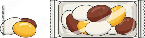 Candy-coated chocolates in white, yellow, and brown colors with transparent wrapper packaging, vector food illustration for product design
