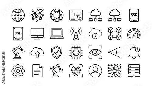 Technology and data icons: global network, servers, cloud computing, laptop, monitor, robot arm, cpu chip, eye scanner, database, security shield - representing digital innovation