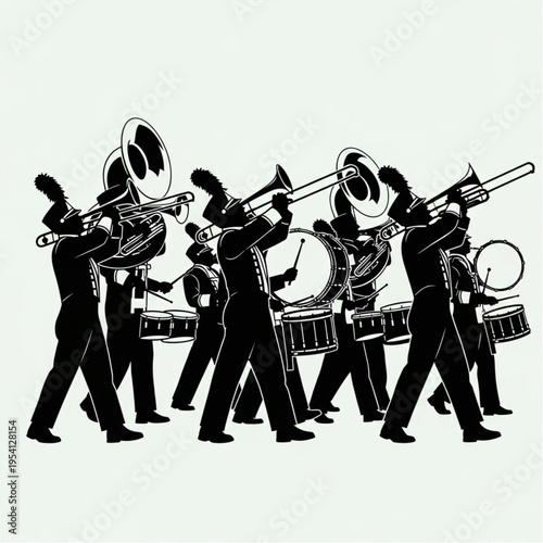 Marching Band Musicians Playing Instruments in Uniform.