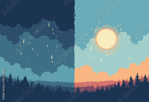 minimalist illustration dark, stormy raincloud hovering over left side image, while right side features bright, glowing, stylized sun clear sky Before After concept Split composition Blank space