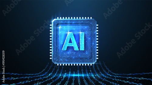 Glowing AI microchip with digital grid on dark blue background. Artificial intelligence, machine learning, neural network, computing technology, futuristic innovation, digital brain concept. 