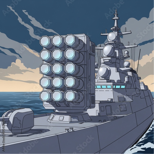 Military Warship with Missile Launchers at Sea.