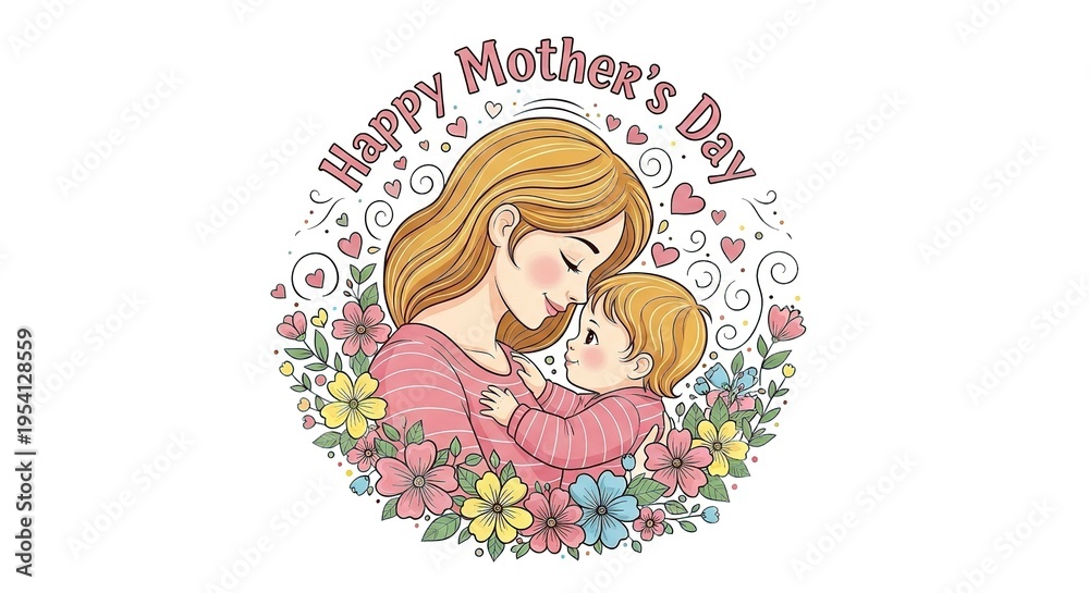 Obraz premium A heartwarming illustration of a mother and child celebrating Happy Mother's Day with flowers and hearts