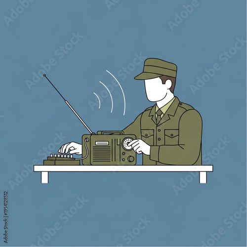 Military Man Operating Radio Communication Device.
