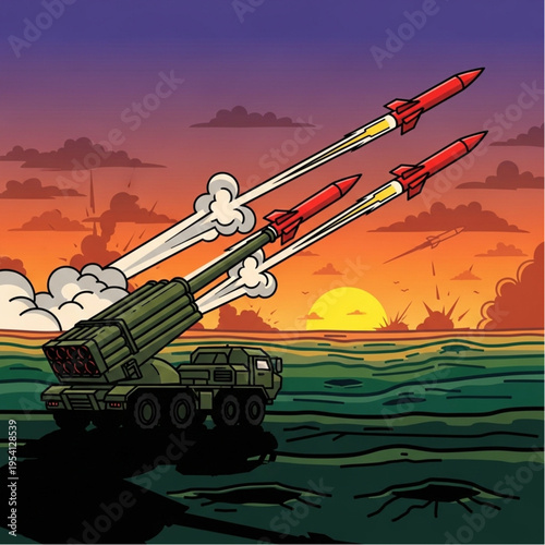 Military Rocket Launcher Firing Missiles at Sunset.