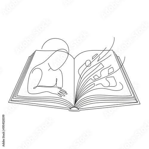 Open book with abstract illustrations inside.