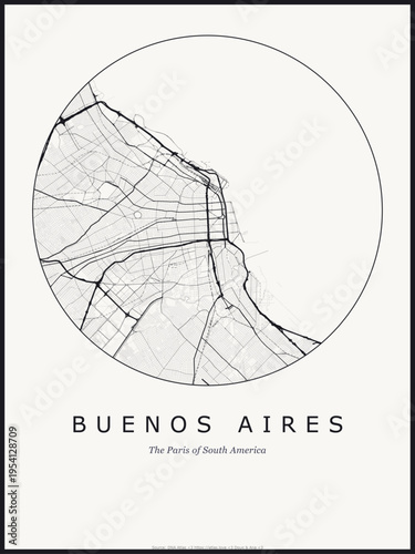 Buenos Aires city map poster design. Street map art of Buenos Aires Argentina. Black and white minimalist road network with downtown district for wall art home decor printable urban cartography.
