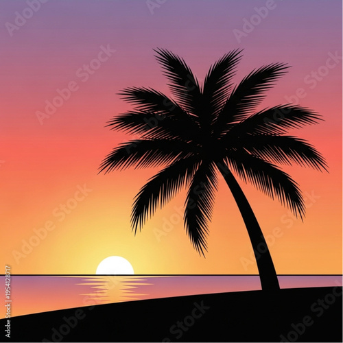 Palm Tree Silhouette Against Sunset Background.