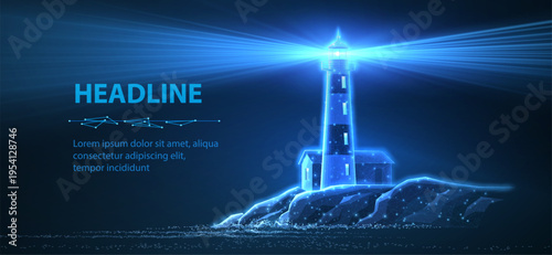 Glowing lighthouse on rocky coast at night on dark blue background. Navigation technology, coastal beacon, digital guidance, safety signal, futuristic location concept. 3D illustration