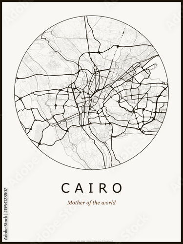 Cairo city map poster design. Street map art of Cairo Egypt. Black and white minimalist road network with downtown district for wall art home decor printable urban cartography. monochrome circle