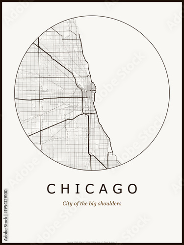 Chicago city map poster design. Street map art of Chicago United States. Black and white minimalist road network with downtown district for wall art home decor printable urban cartography. monochrome