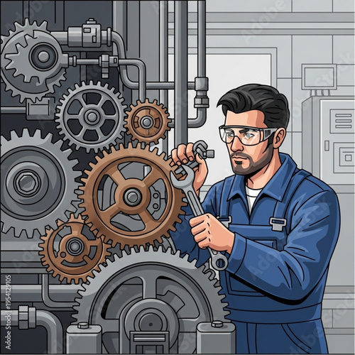 Mechanic Working on Industrial Gears and Machinery.