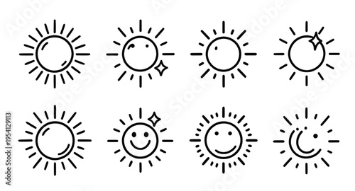 sun, icon, line, vector, outline, drawing, sketch, minimal, simple, thin, stroke, shape, symbol, set, collection, solar, sunshine, sunlight, weather, summer, heat, hot, warm, bright, light, daylight, 
