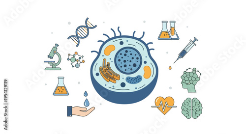 Scientific Research & Medical Concepts Vector Illustration: Cell Biology & Healthcare Icons