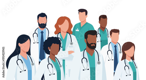 Diverse Medical Team: Doctors & Nurses Staff, Flat Vector Healthcare Illustration