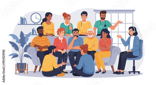 Diverse Group Discussion & Support Session. People of different ages & backgrounds engage in therapy, meeting, or community event with a facilitator.