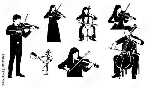 Classical string musician silhouette icons vector violin cello orchestra set
