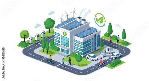 Sustainable Smart City Isometric: Green Urban Development with Solar, Wind Energy, EV Charging Stations & Eco-Friendly Transportation