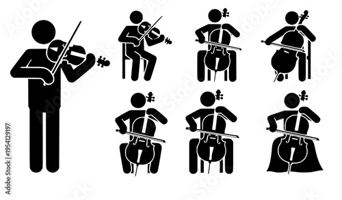 Orchestra musician pictogram silhouettes vector violin cello performance set