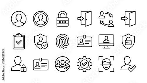 Security and access control icons: padlock, fingerprint, id card, face recognition, user profile, login, and data protection, line art