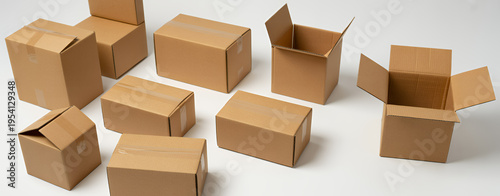 Various cardboard boxes on white background packaging shipping delivery