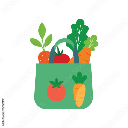 Green shopping bag filled with fresh organic vegetables including carrots and tomatoes for healthy eating