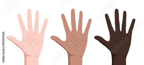 Human hands with different skin colors isolated on white background. Vector stock