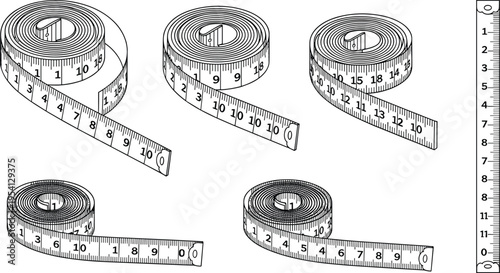 Vector illustration of rolled measuring tapes and vertical scale for tailoring, sewing, and construction artwork
