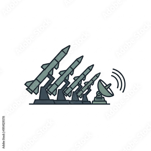 Missiles on launchers with satellite dish nearby.