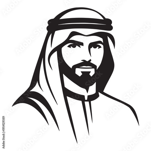 Monochrome Vector Portrait of a Middle Eastern Man in Traditional Headdress - Black and White Arabic Male Illustration for Cultural and Business Designs