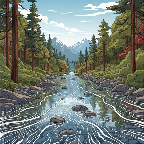 River Stream Flowing Through Forest Landscape.