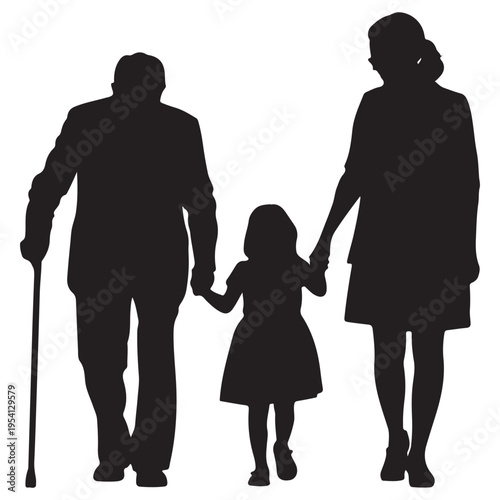 A family of three walks hand in hand featuring a grandfather with a cane silhouette